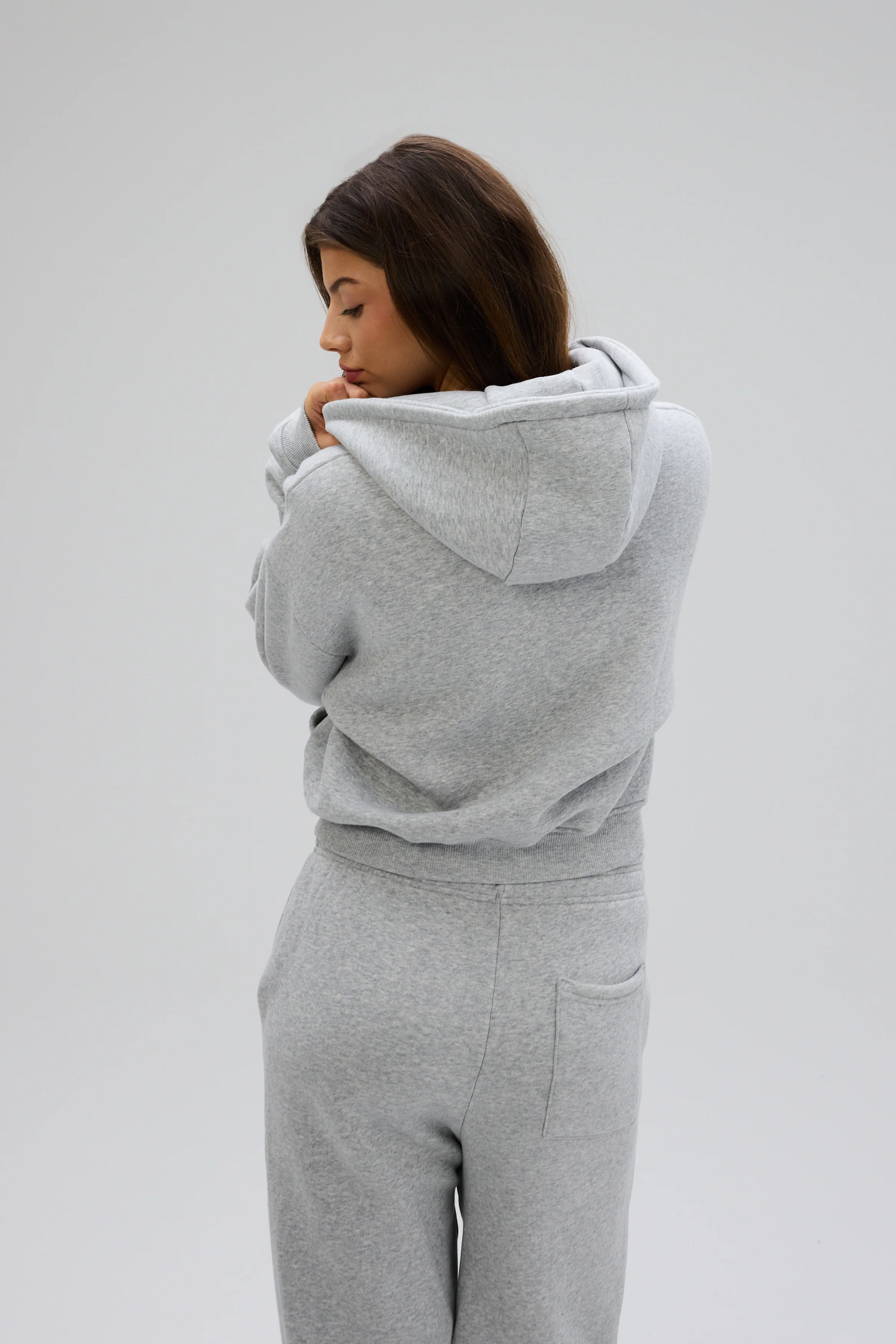 Cropped Zip Hoodie - Grey Melange - Image 3
