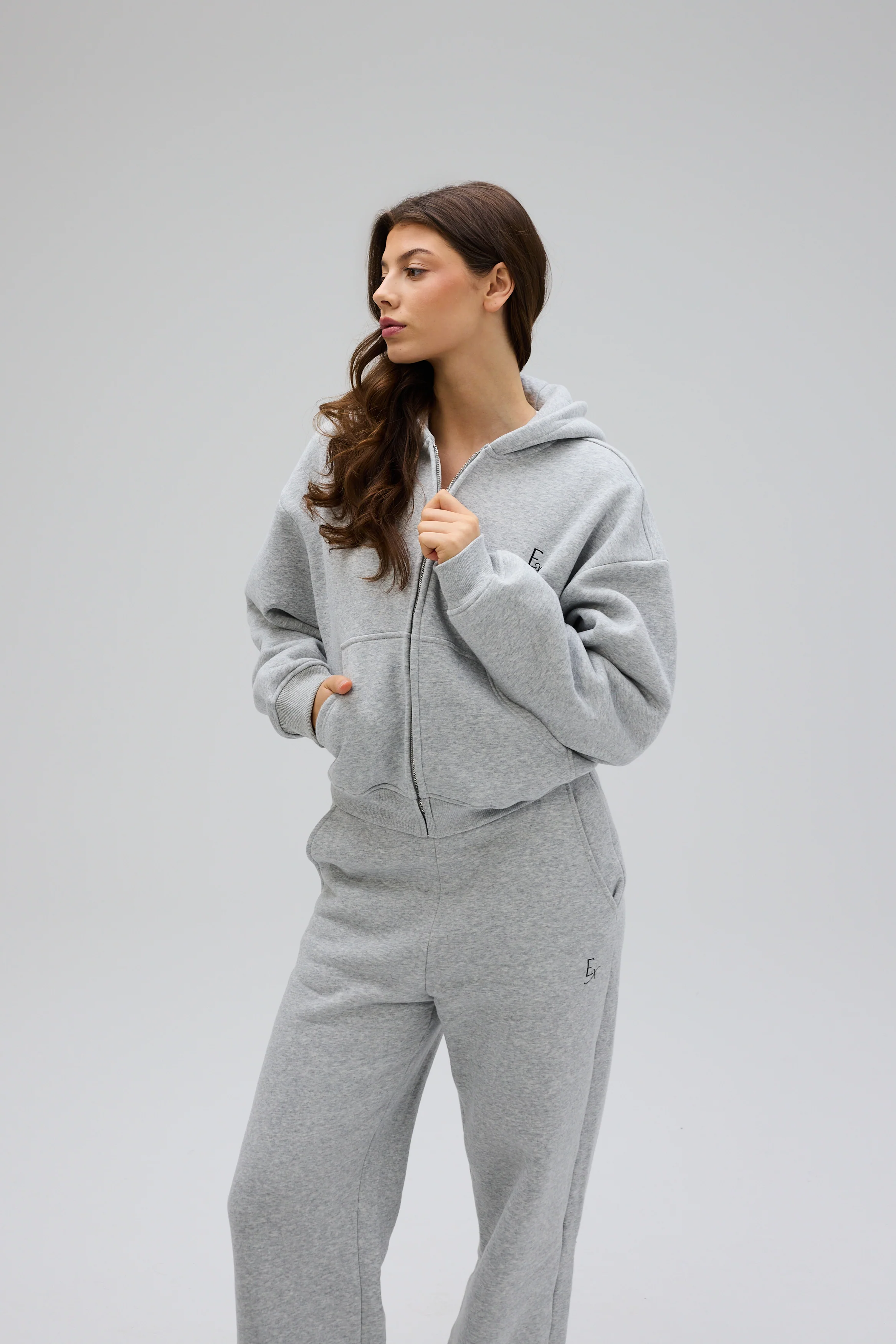 Cropped Zip Hoodie - Grey Melange - Image 4