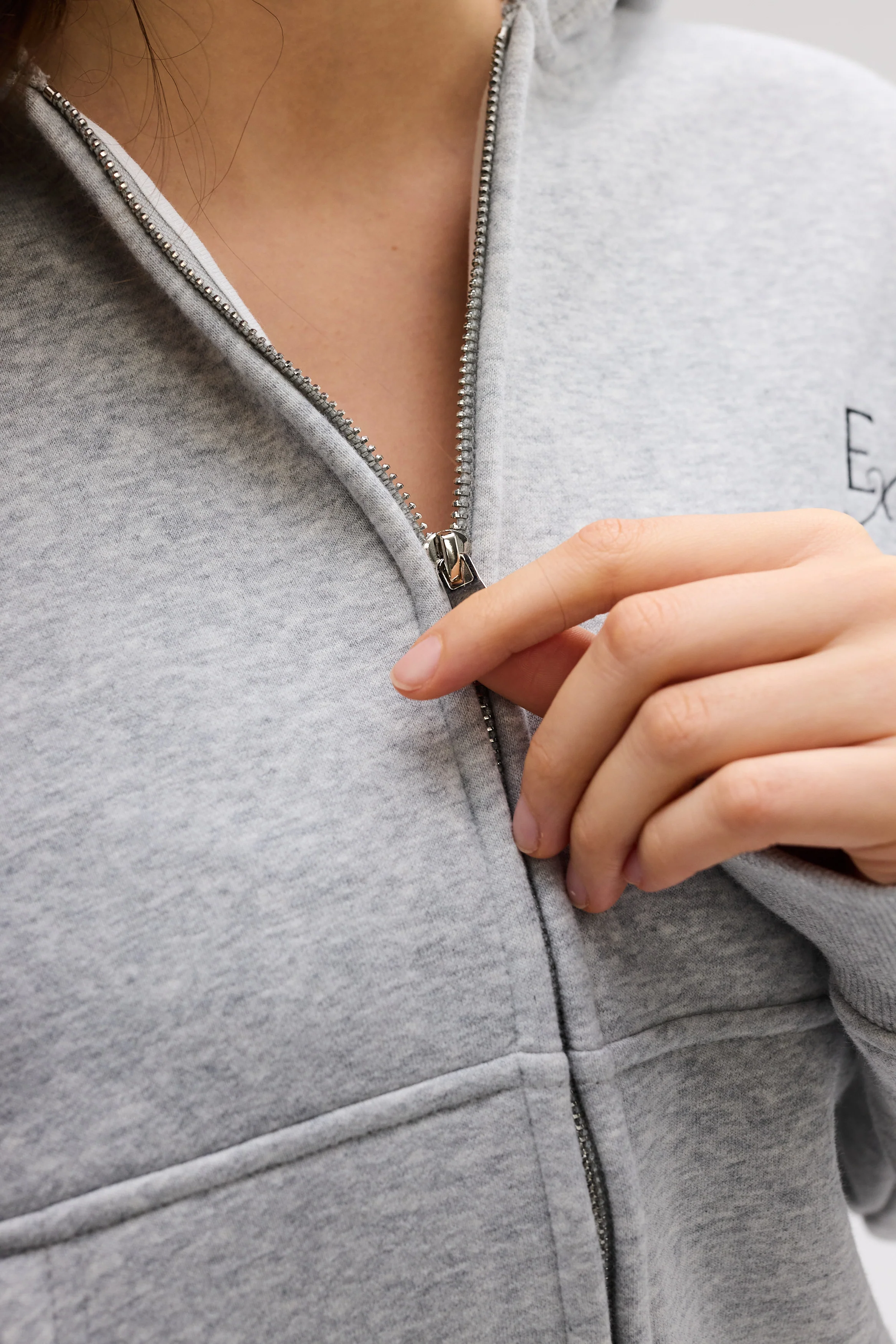 Cropped Zip Hoodie - Grey Melange - Image 5