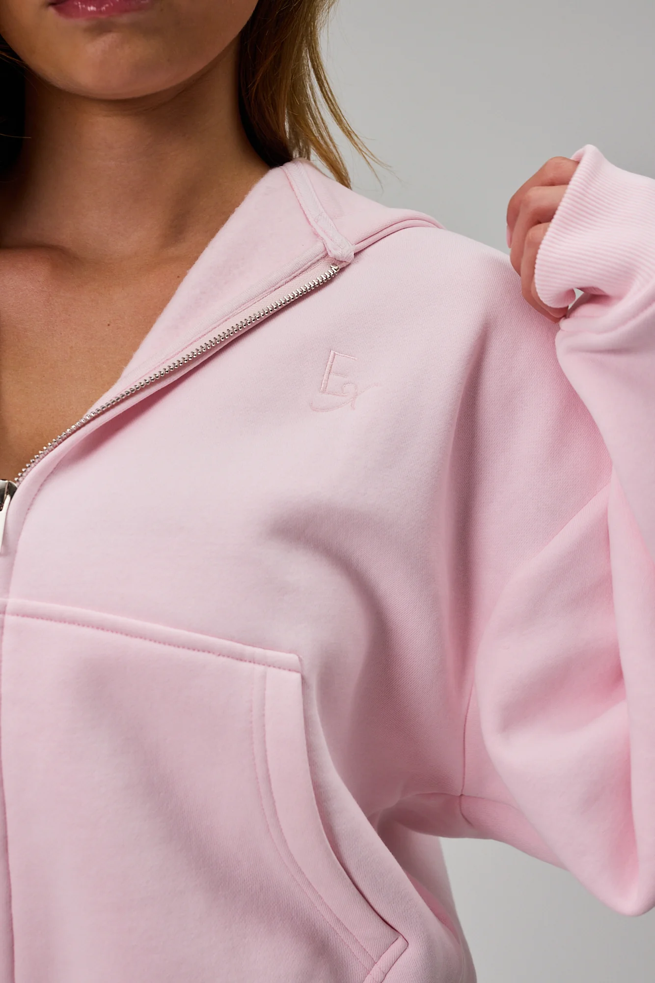 Cropped Zip Hoodie - Soft Pink - Image 3