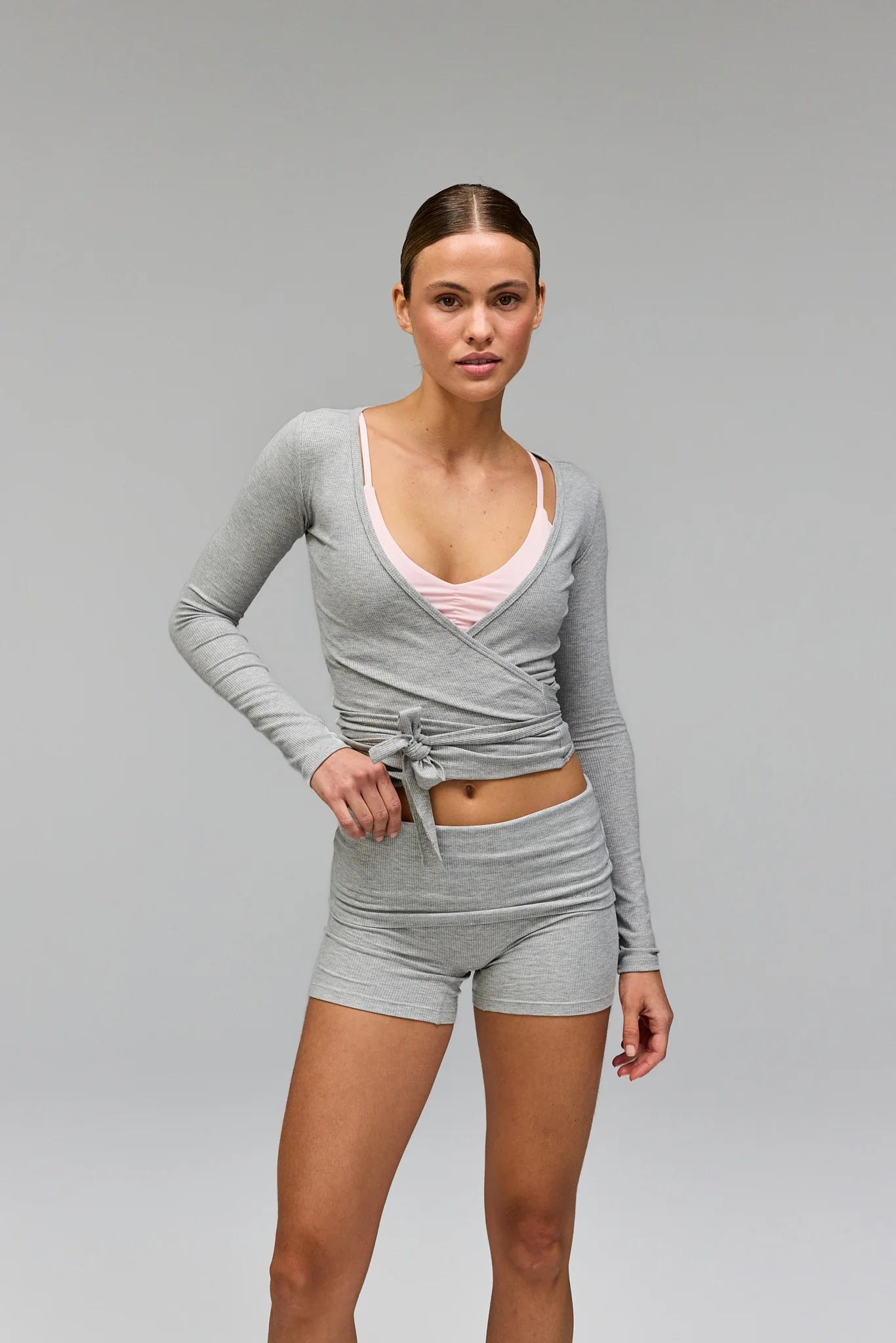 Rib Ballet Wrap Blouse - Grey Melange - Image 4