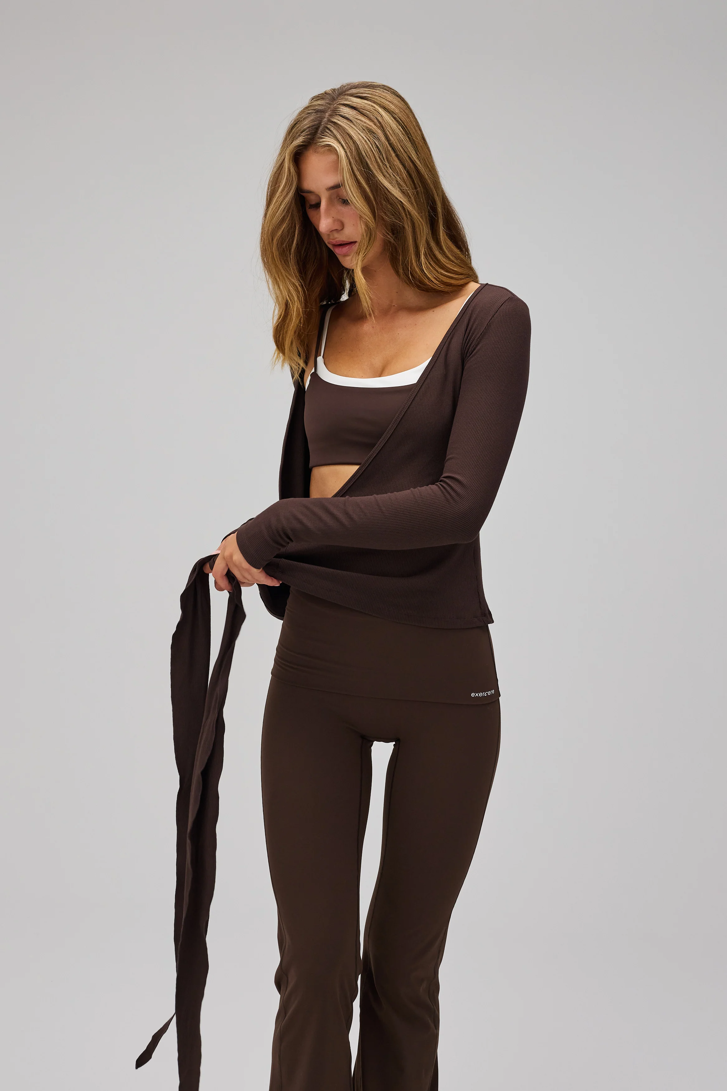 Rib Ballet Wrap Blouse - Pecan Brown - Image 2