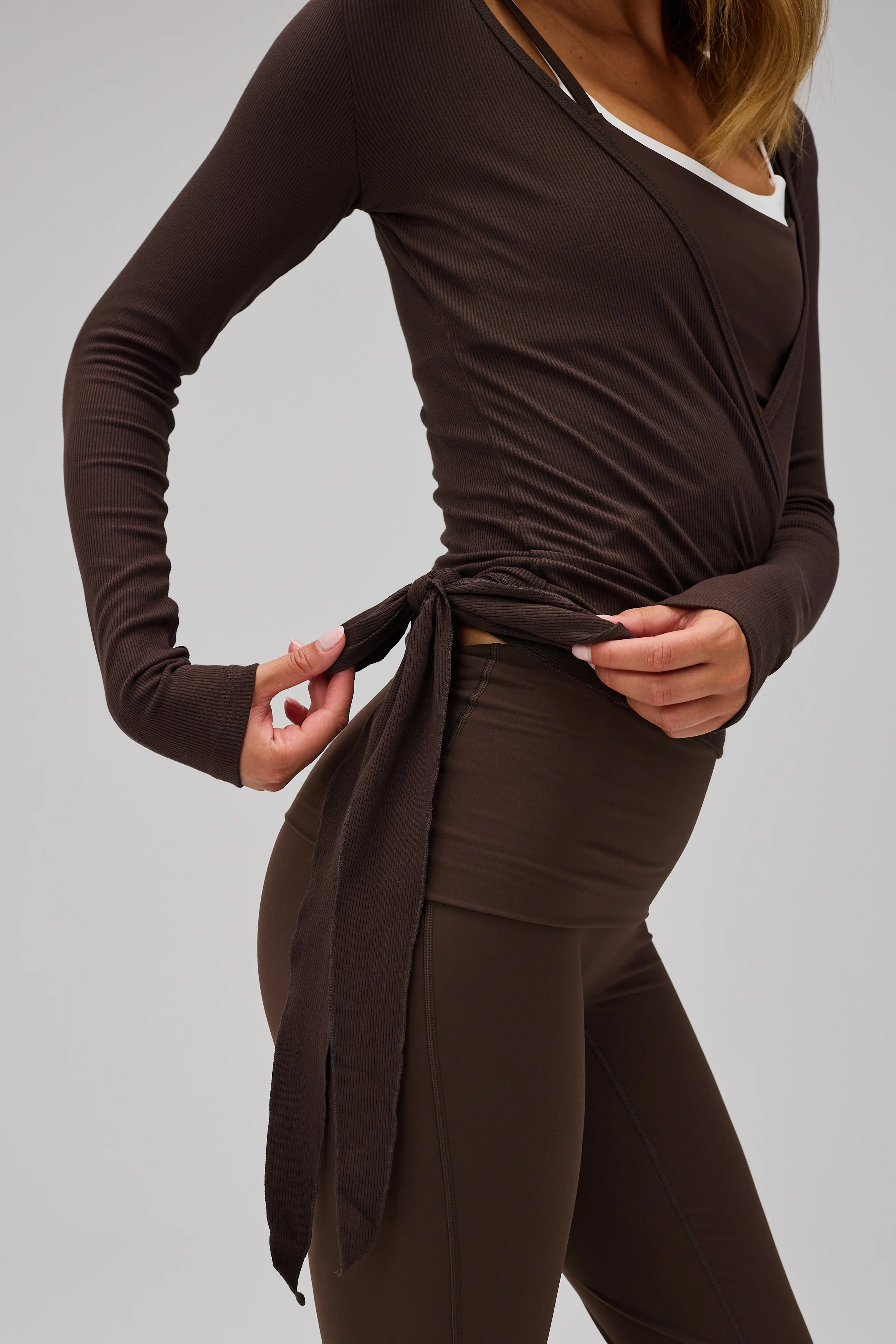 Rib Ballet Wrap Blouse - Pecan Brown - Image 3