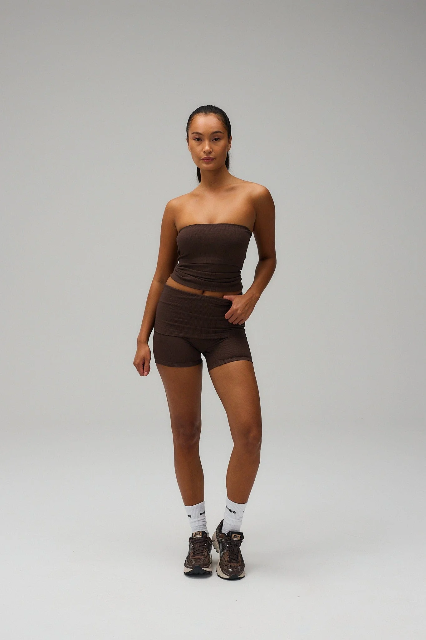 Rib Fold Over Shorts - Pecan Brown - Image 7